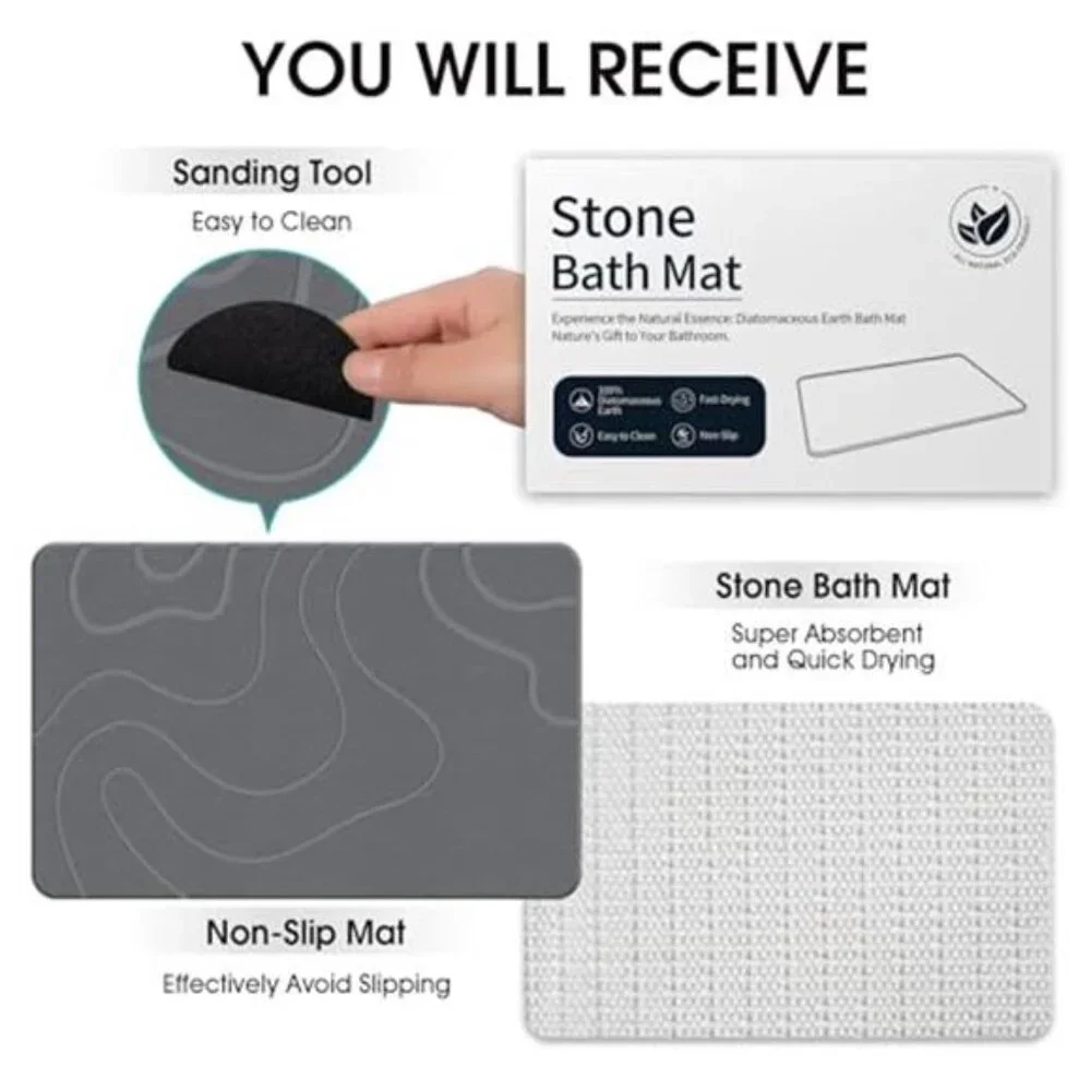 Stone Bath Mat Diatomaceous Earth Quick Dry Non Slip Shower Mat Grey 24x16